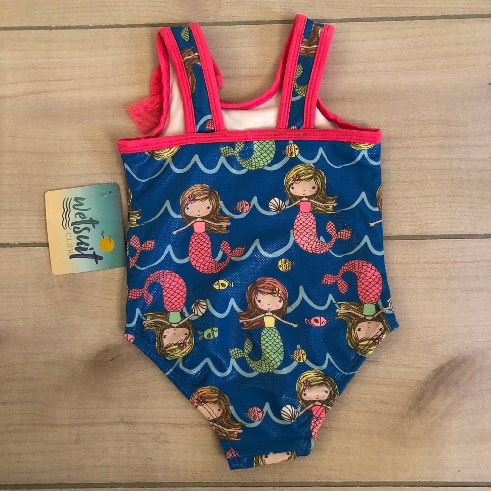 NWT Wetsuit Club Blue and Pink One Piece Mermaid Print Swimsuit with Tulle Skirt - Picture 3 of 4